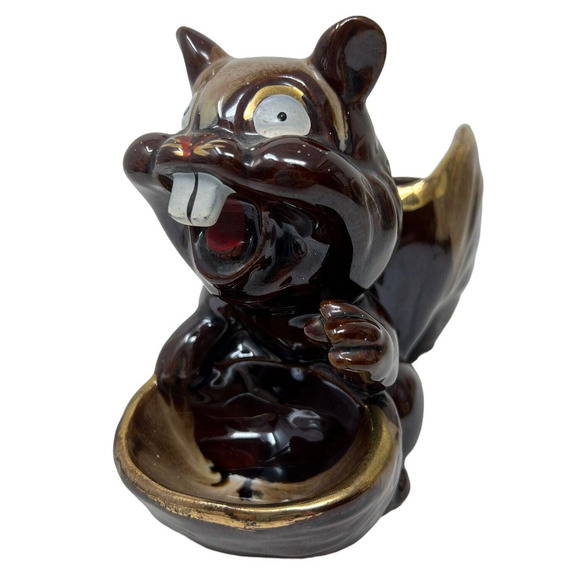 Squirrel Chipmunk Crazy Buck Tooth Brown Ceramic Nut Trinket Dish Vintage Japan - Picture 7 of 10